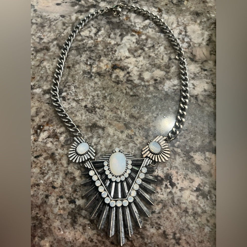Silver Statement Necklace with White Opalescent Accents